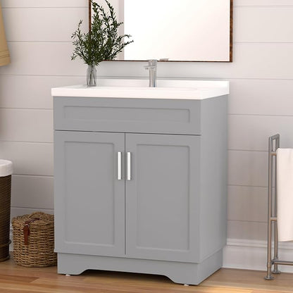 OLD CAPTAIN Bathroom Vanity with Ceramic Sink, Wooden Double Door Bathroom Vanity, 32 Inch Bath Cabinet with Sink and Storage, Grey