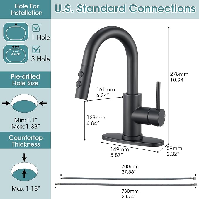 Black Bathroom Faucet with Pull Down Sprayer, Single Hole Bathroom Faucet with Pop-up Drain and Flexible Hoses, 1 Handle Sink Faucets for Vanity, Modern Farmhouse, Vanity, Restroom