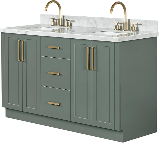 ARIEL Loren 60-inch Bathroom Vanity with Sink,Solid Wood, 1.5-inch Italian Carrara Marble Countertop, Double Rectangular Porcelain Sink, 4 Soft Closing Doors, 3 Dovetail Drawers, Black