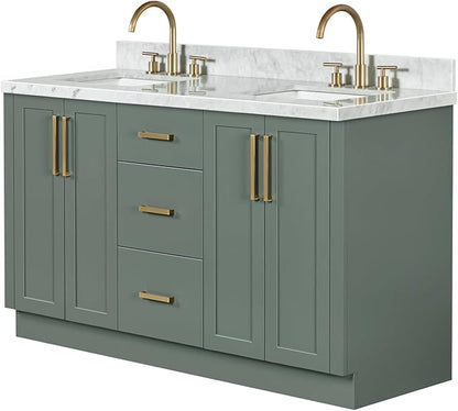 ARIEL Loren 60-inch Bathroom Vanity with Sink,Solid Wood, 1.5-inch Italian Carrara Marble Countertop, Double Rectangular Porcelain Sink, 4 Soft Closing Doors, 3 Dovetail Drawers, Black