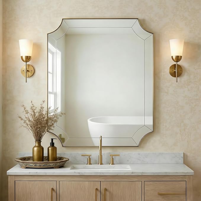30"x36" Gold Mirror, Brushed Brass Scalloped Wall Mirror, Bathroom Wall Mirror with Stainless Steel Metal Frame, Unique Vanity Mirror with Modern Curved Edge Design, Thin Frame Deep 1"