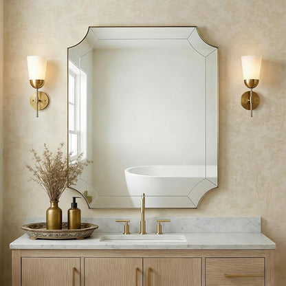 30"x36" Gold Mirror, Brushed Brass Scalloped Wall Mirror, Bathroom Wall Mirror with Stainless Steel Metal Frame, Unique Vanity Mirror with Modern Curved Edge Design, Thin Frame Deep 1"