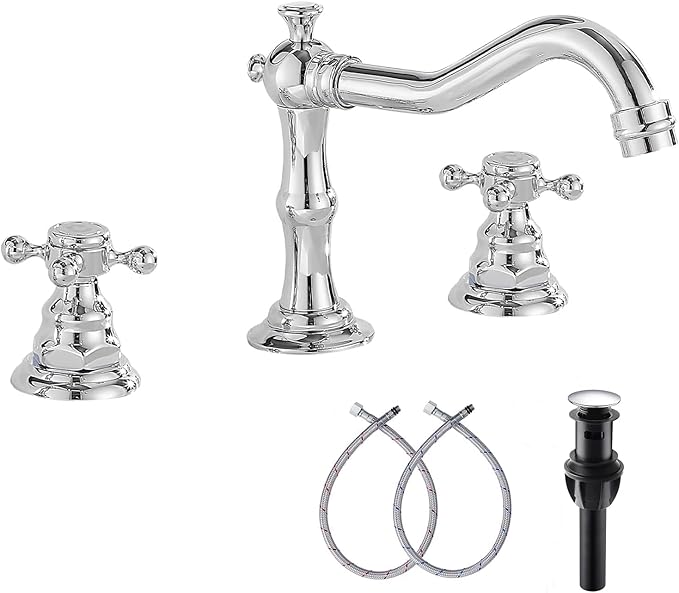 GGStudy Two Handles Three Holes Faucet 8-16 inch Widespread Bathroom Sink Faucet Chrome Basin Mixer Tap Matching Metal Pop Up Drain with Overflow