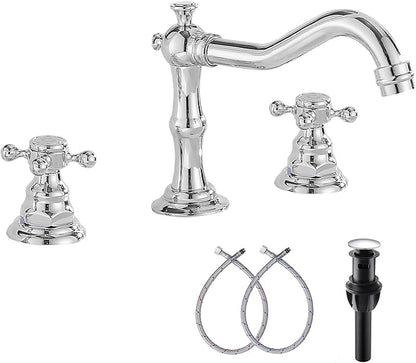 GGStudy Two Handles Three Holes Faucet 8-16 inch Widespread Bathroom Sink Faucet Chrome Basin Mixer Tap Matching Metal Pop Up Drain with Overflow
