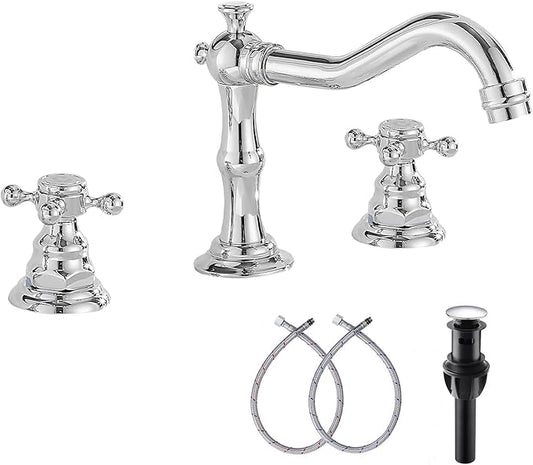 GGStudy Two Handles Three Holes Faucet 8-16 inch Widespread Bathroom Sink Faucet Chrome Basin Mixer Tap Matching Metal Pop Up Drain with Overflow