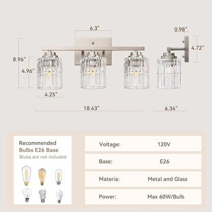TALOYA Nickel 3Light Bathroom Vanity Light with Fluted Cylinder Glass Shade | Modern Vanity Lighting Fixtures, Bathroom Lights Over Mirror, Wall Mount Mirror Light Fixtures for Bathroom Hallway Bedroom