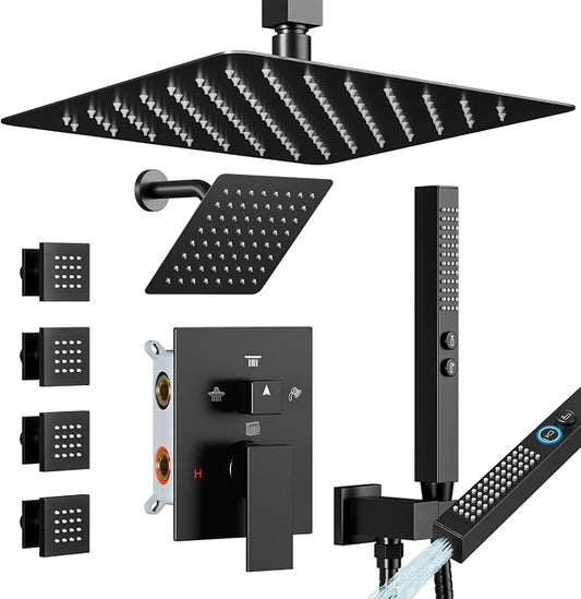 Shower System with Body Jets Matte Black, STARBATH 4 Way 12+6" Shower Faucet Sets Complete with 2 in 1 Handheld,Ceiling Mounted Rainfall Dual Shower Head with 4 Body Spray Jets, Shower Jets System