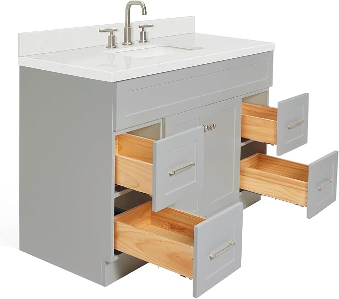 DKB Bradford 48-Inch Bathroom Vanity with Sink — Grey Single Sink Bathroom Vanity, 1.5" Edge Carrara White Quartz Countertop, Solid Wood, 2 Soft-Close Doors, 4 Full Extension Dovetail Drawers