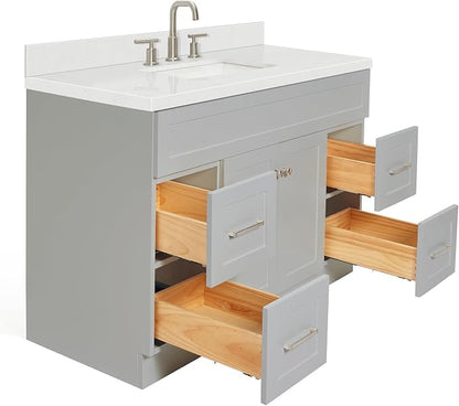 DKB Bradford 48-Inch Bathroom Vanity with Sink — Grey Single Sink Bathroom Vanity, 1.5" Edge Carrara White Quartz Countertop, Solid Wood, 2 Soft-Close Doors, 4 Full Extension Dovetail Drawers