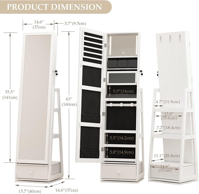 Rotatable Full Length Mirror Jewelry Cabinet Standing With Built-In Mirror - 63.7”H Lockable Jewelry Armoire With Mirror Drawers and 3 Storage Racks Christmas Gift for Wife White