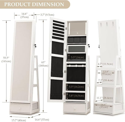 Rotatable Full Length Mirror Jewelry Cabinet Standing With Built-In Mirror - 63.7”H Lockable Jewelry Armoire With Mirror Drawers and 3 Storage Racks Christmas Gift for Wife White
