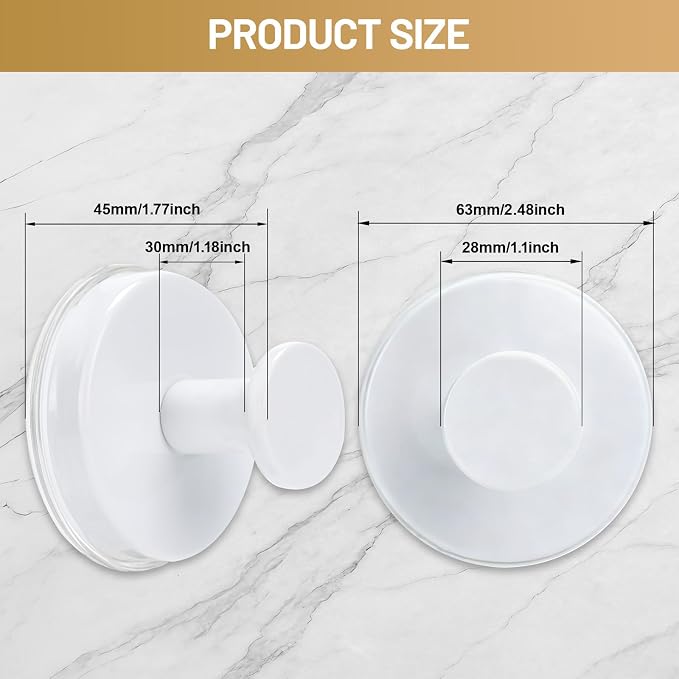 Suction Cup Hooks for Shower No-Drill Bathroom Hooks for Towels, Robes, Loofah Mountable on Bathroom Walls, Kitchen, Glass, Mirrors, Tile and Smooth,Non-Porous Surfaces (2, White)