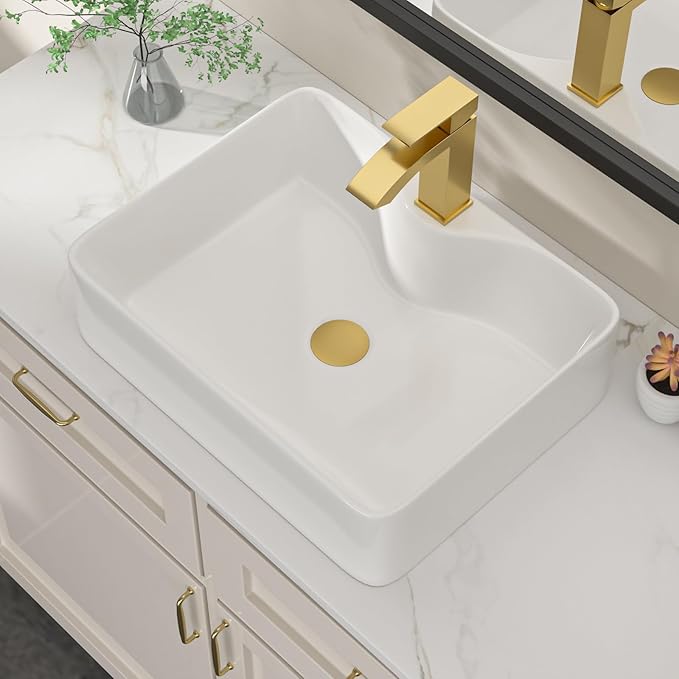 Dcolora 19 In. White Vessel Sink for Bathroom, Rectangular Above Counter Porcelain Ceramic Sink with Gold Accessories, 15"D x 19"W x 5"H #DC-SFDOE00087