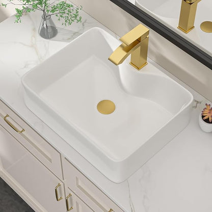 Dcolora 19 In. White Vessel Sink for Bathroom, Rectangular Above Counter Porcelain Ceramic Sink with Gold Accessories, 15"D x 19"W x 5"H #DC-SFDOE00087
