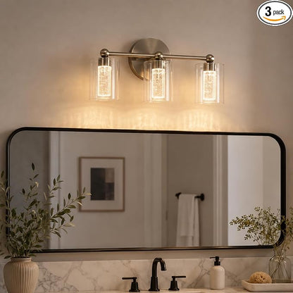 Brushed Nickel Vanity Light with 3 Color Modes, Eye Protection LED Bathroom Light Fixtures, Dimmable Modern Wall Light Over Mirror with Clear Glass Shade (Brushed Nickel, 3-Light)