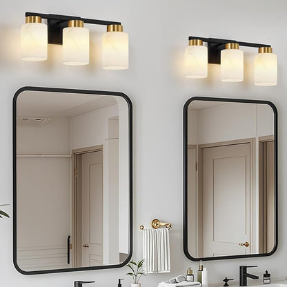 3-Light Bathroom Light Fixtures, Modern Vanity Lights, Black and Gold Metal Wall Lamp with White Marble Glass for Bathroom, Mirror, Living Room, Bedroom, Cabinet, Porch, Hallway, E26 Base