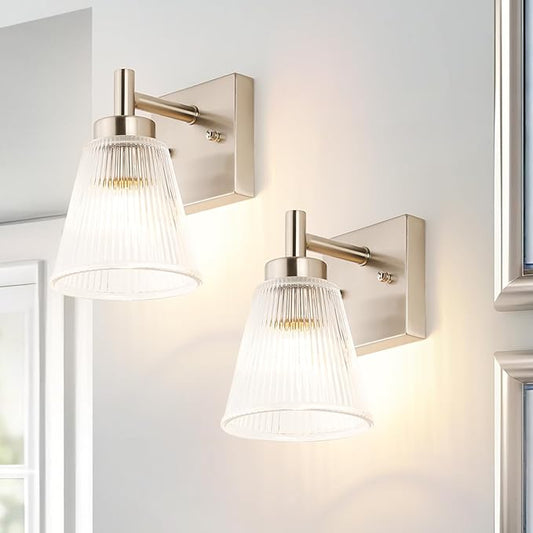 OCIOC Vintage Wall Sconce Set of 2 with Glass Shade Brass Sconces Brushed Nickel Bathroom Vanity Light Fixtures Modern Wall Lighting Fixture for Bedroom Bedside Door Header