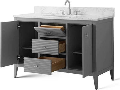 Vanity Art 48 inch Bathroom Vanity with Single Sink & Ceramic Top, Vanity Cabinet with Soft-Closing Door, Solid Wood Frame, Linear Pattern, Cashmere Gray, VA9148-G-MB,Matte Black Handles