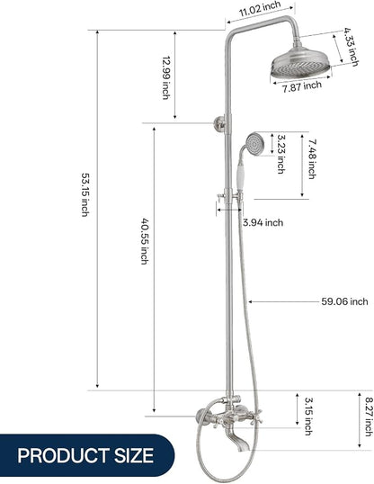 Homevacious Brushed Nickel Brass Outdoor Shower Kit Exposed Shower | 8 Inch High Pressure Rain Shower Head with Hand Spray Bathroom Shower Faucet System Double Knobs Cross Handle 3-Function