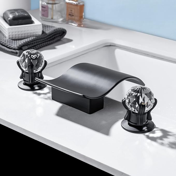 Widespread Bathroom Sink Faucet with Crystal Knob 3 Hole Waterfall Vanity Faucet 8 Inch Crystal Bathroom Faucets Deck Mount Basin Mixer Tap with Hose, Matte Black