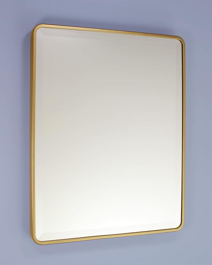 16x20 Austin Farmhouse Metal Framed Rounded Rectangle Recessed Bathroom Medicine Cabinet, Beveled Mirror, 14x18 in-Wall Opening, powder-coated Steel, Adjustable Glass Shelves, Magnet Close, Gold