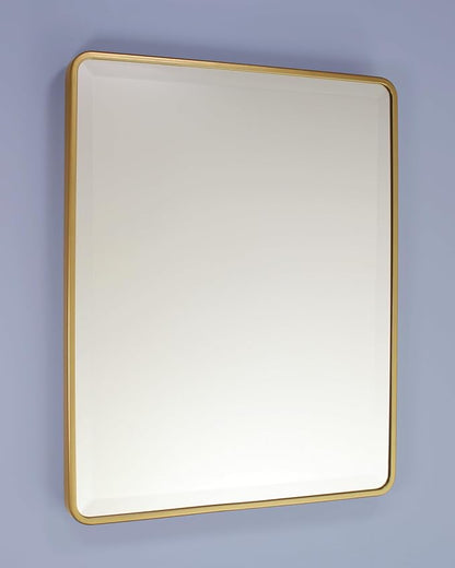 16x20 Austin Farmhouse Metal Framed Rounded Rectangle Recessed Bathroom Medicine Cabinet, Beveled Mirror, 14x18 in-Wall Opening, powder-coated Steel, Adjustable Glass Shelves, Magnet Close, Gold
