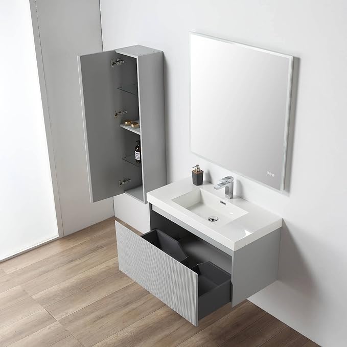 Blossom 36 Inch Bathroom Vanity with Sink and Side Cabinet, All Wood Floating Bathroom Vanity with Acrylic Sink, Bathroom Sink Cabinet with Soft-Close Drawer, Modern Style Vanities, Light Grey