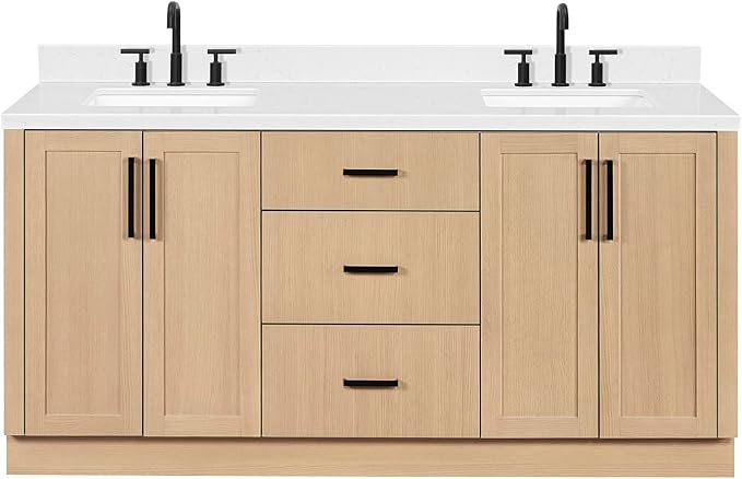 ARIEL Loren 72-inch Bathroom Vanity with Sink,Solid Wood, 1.5-inch Carrara White Quartz Countertop, Double Rectangular Porcelain Sink, 4 Soft Closing Doors, 3 Dovetail Drawers, Natural Oak