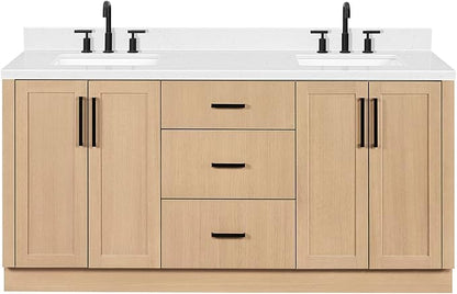 ARIEL Loren 72-inch Bathroom Vanity with Sink,Solid Wood, 1.5-inch Carrara White Quartz Countertop, Double Rectangular Porcelain Sink, 4 Soft Closing Doors, 3 Dovetail Drawers, Natural Oak
