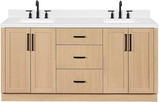 ARIEL Loren 72-inch Bathroom Vanity with Sink,Solid Wood, 1.5-inch Carrara White Quartz Countertop, Double Rectangular Porcelain Sink, 4 Soft Closing Doors, 3 Dovetail Drawers, Natural Oak