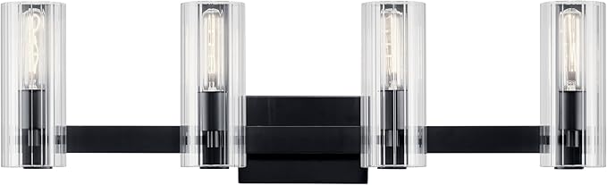 Kichler Jemsa 4 Light Vanity, Modern Light with Clear Fluted Glass in Black for Bathroom or Powder Room (9.75" x 32"), 55169BK