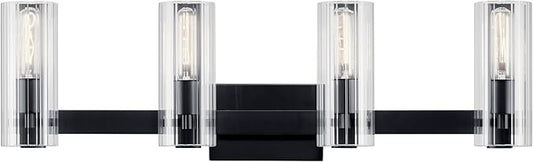Kichler Jemsa 4 Light Vanity, Modern Light with Clear Fluted Glass in Black for Bathroom or Powder Room (9.75" x 32"), 55169BK