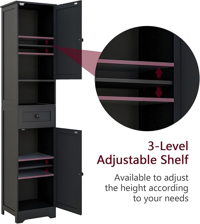Tall Bathroom Cabinet,Storage Cabinet with 5 Shelves & 1 Drawer, with Adjustable Shelve, for Bathroom, Kitchen, Entryway, Living Room (Black)