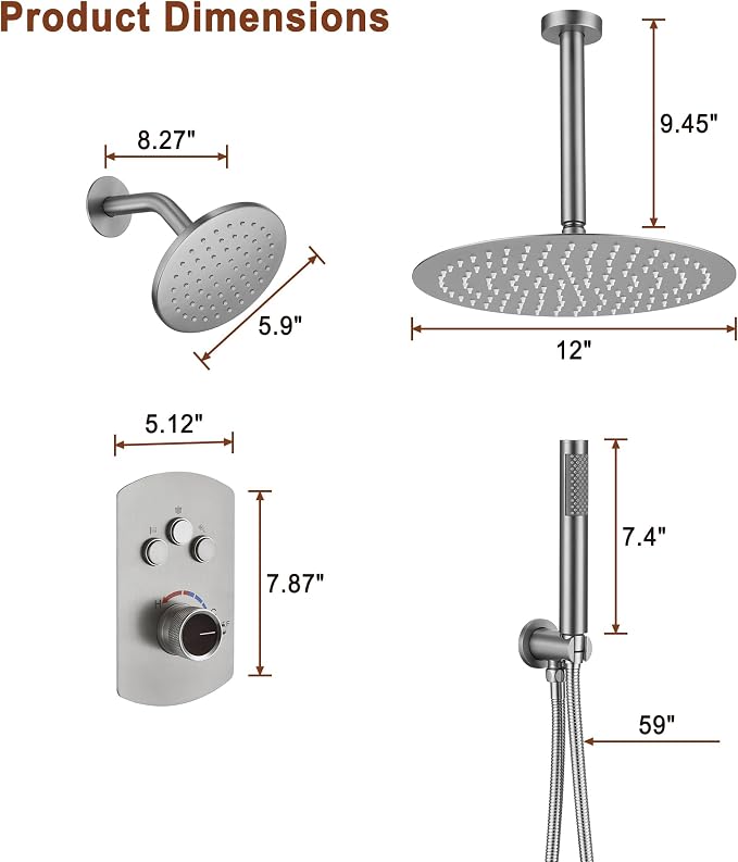 MONDAWE 12 Inch Ceiling Mounted Shower System in Brushed Nickel, 3-Function Shower Faucet Set with Rainfall Dual Shower Head and High Pressure Handheld Spray, All Function Can be Used At the Same Time