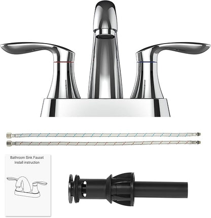 Bathroom Faucet, 4 Inch Bathroom Faucets for Sink 3 Hole, Centerset Bathroom Sink Faucet with Pop Up Drain and cUPC Lead-Free Hose(Chrome)