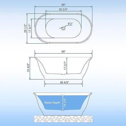 59 Inch Acrylic Freestanding Bathtub, Luxury Oval Soaking Tub, Modern Grey and White Stand Alone Bath with Chrome Drain and Overflow, Deep Soaking Tub for Bathroom