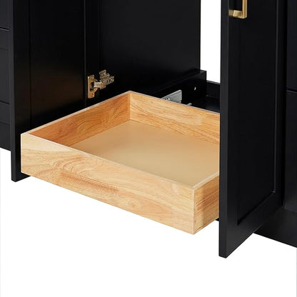 ARIEL Loren 72-inch Bathroom Vanity with Sink,Solid Wood, 1.5-inch Carrara White Quartz Countertop, Double Rectangular Porcelain Sink, 4 Soft Closing Doors, 3 Dovetail Drawers, Black