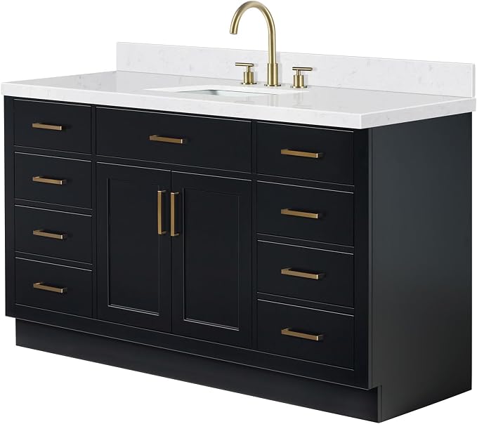 ARIEL Hepburn 60-inch Bathroom Vanity with Sink,Solid Wood, 1.5-inch Carrara White Quartz Countertop & Backsplash, Single Rectangular Porcelain Sink, 2 Soft Closing Doors, 9 Dovetail Drawers, Black
