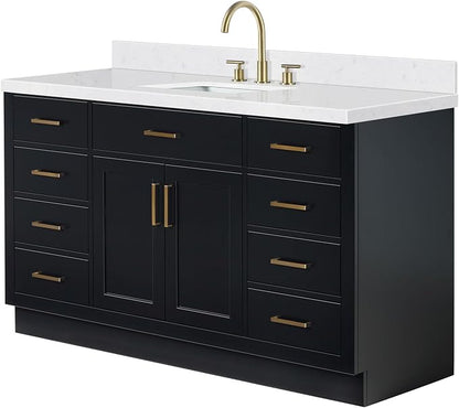 ARIEL Hepburn 60-inch Bathroom Vanity with Sink,Solid Wood, 1.5-inch Carrara White Quartz Countertop & Backsplash, Single Rectangular Porcelain Sink, 2 Soft Closing Doors, 9 Dovetail Drawers, Black