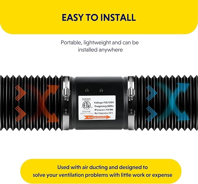 Simple Deluxe 4" 106 CFM Booster Duct Fan with Speed Controller, Low Noise HVAC Exhaust Fan, Suitable for Basements, Bathrooms, Kitchens, and Grow Tents, Black