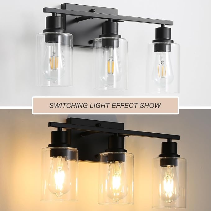 Farmhouse Vanity Light Fixtures,3-Lights Matte Black Bathroom Illumination,Matte Black Vintage Wall Sconces with Clear Glass Shades, Modern Wall Lighting for Mirror,Bedroom,Living Room