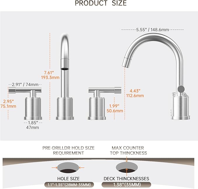 Phiestina Pull Out Brushed Nickel Bathroom Sink Faucet 8 inch - 3 Hole Pull-Down Sprayer Bathroom Faucet, Metal Pop-Up Drain, Water Supply Lines, 2 Handles for 3-Hole Sinks,WFZY01CL-BN