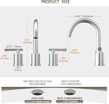 Phiestina Pull Out Brushed Nickel Bathroom Sink Faucet 8 inch - 3 Hole Pull-Down Sprayer Bathroom Faucet, Metal Pop-Up Drain, Water Supply Lines, 2 Handles for 3-Hole Sinks,WFZY01CL-BN