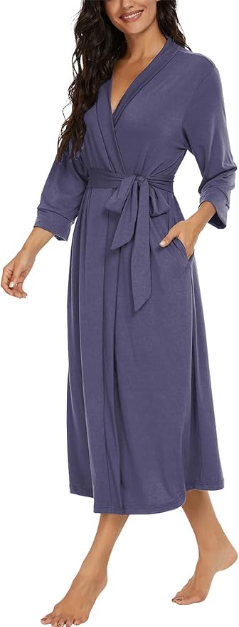 VINTATRE Women Kimono Robes Long Knit Bathrobe Lightweight Soft Knit Sleepwear V-neck Casual Ladies Loungewear