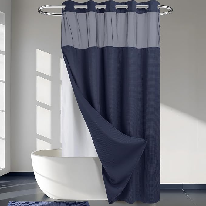 River Dream Heavyweight Waffle No Hook Shower Curtain with Liner,Navy,71x86 | Dotted Waffle,Snap-in Liner,Heavy Duty,Quick Dry,Mesh Top Window,With Bottom Magnets,Hotel-Grade,Washable,Extra Long Size