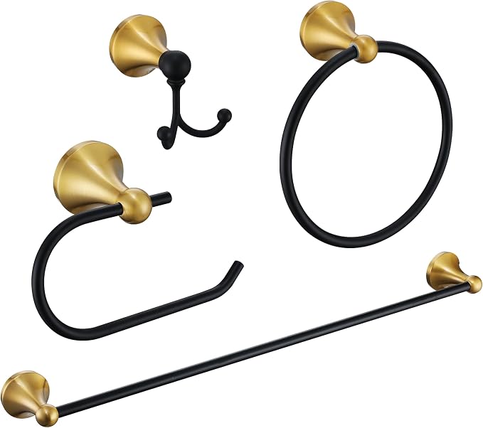 Brushed Gold and Black Bathroom Hardware Set, 4-Piece Black and Gold Bathroom Accessories Kit Stainless Steel 23.6 Inch Towel Bar | Towel Hook | Toilet Paper Holder | Hand Towel Holder