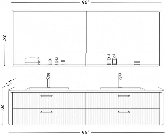 96 in Double Bathroom Vanity with Sinks - Modern Floating Bathroom Vanity with Solid Wood Cabinet, Anti-Fog Mirror and Integrated Stone Sinks | Wall Mounted Design | Ample Storage