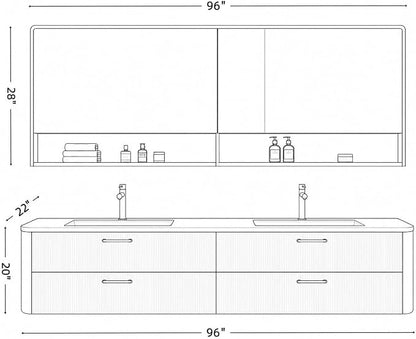 96 in Double Bathroom Vanity with Sinks - Modern Floating Bathroom Vanity with Solid Wood Cabinet, Anti-Fog Mirror and Integrated Stone Sinks | Wall Mounted Design | Ample Storage