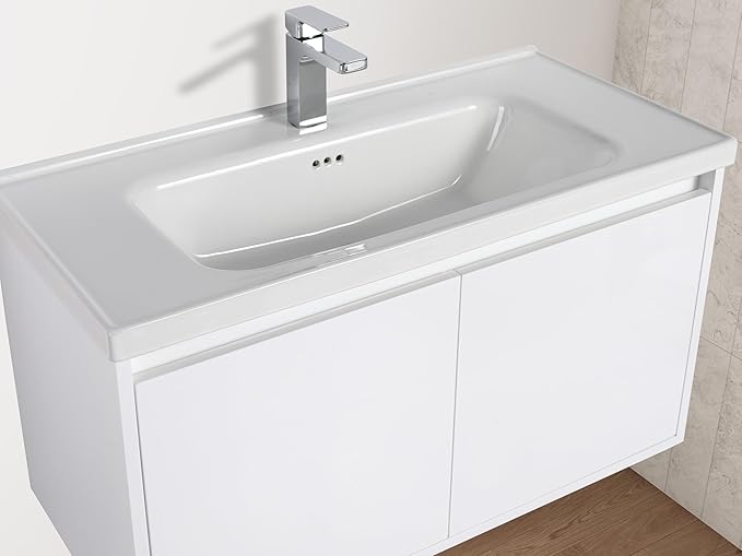 Blossom 36 Inch Wall Mounted Bathroom Vanity with Sink | Floating Wood Vanity Cabinet | Modern Soft-Close Doors & Storage | Ceramic Basin | Space-Saving Design (Glossy White, 36'' Ceramic Sink)