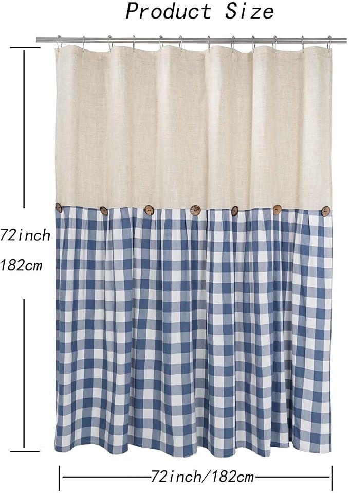 DOSLY IDÉES Linen Button Farmhouse Shower Curtain, Linen and Cotton Fabric, Pleated Blue and White Buffalo Plaid Checked Pattern, Country Style, 72x72 in